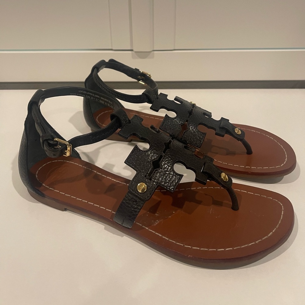 Tory Burch Black Leather T-Strap Logo Sandals with Brown Footbed